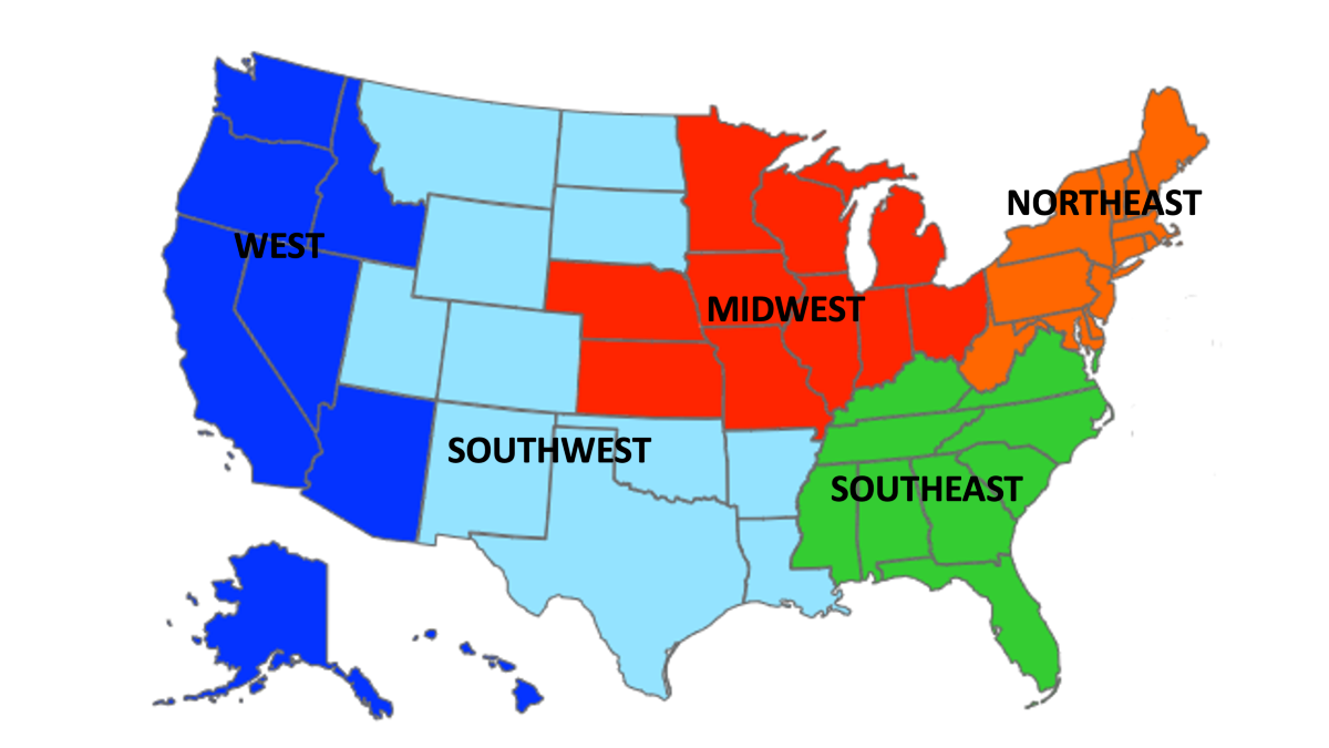 Map of United States divided into color coded sales territories