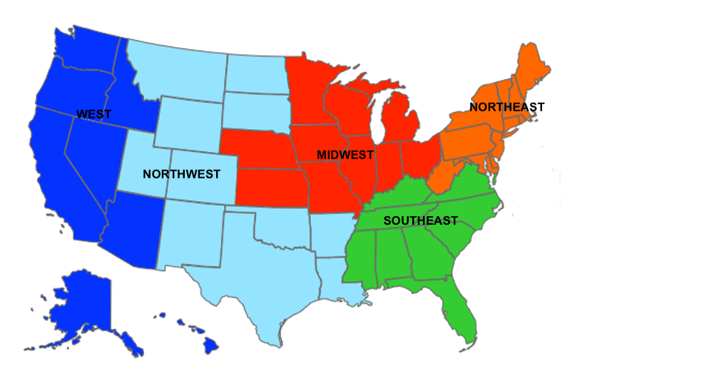 Map of United States divided into color coded sales territories