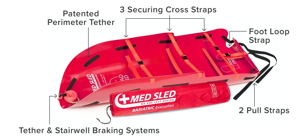 Red bariatric evacuation sled with safety straps and a stairwell braking system.
