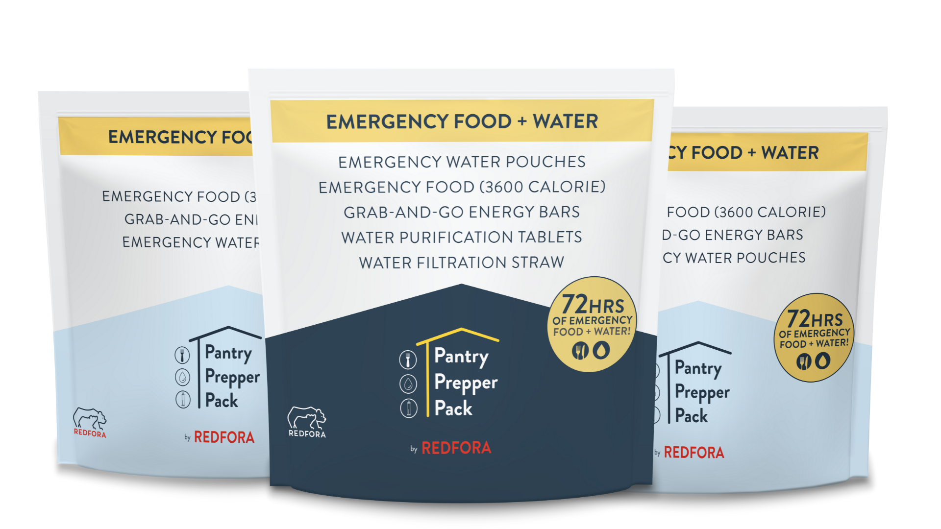 Three packages that contain food and water survival items