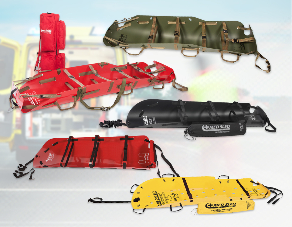 Collage of red, black, green, and yellow specialty and tactical evacuation sleds.