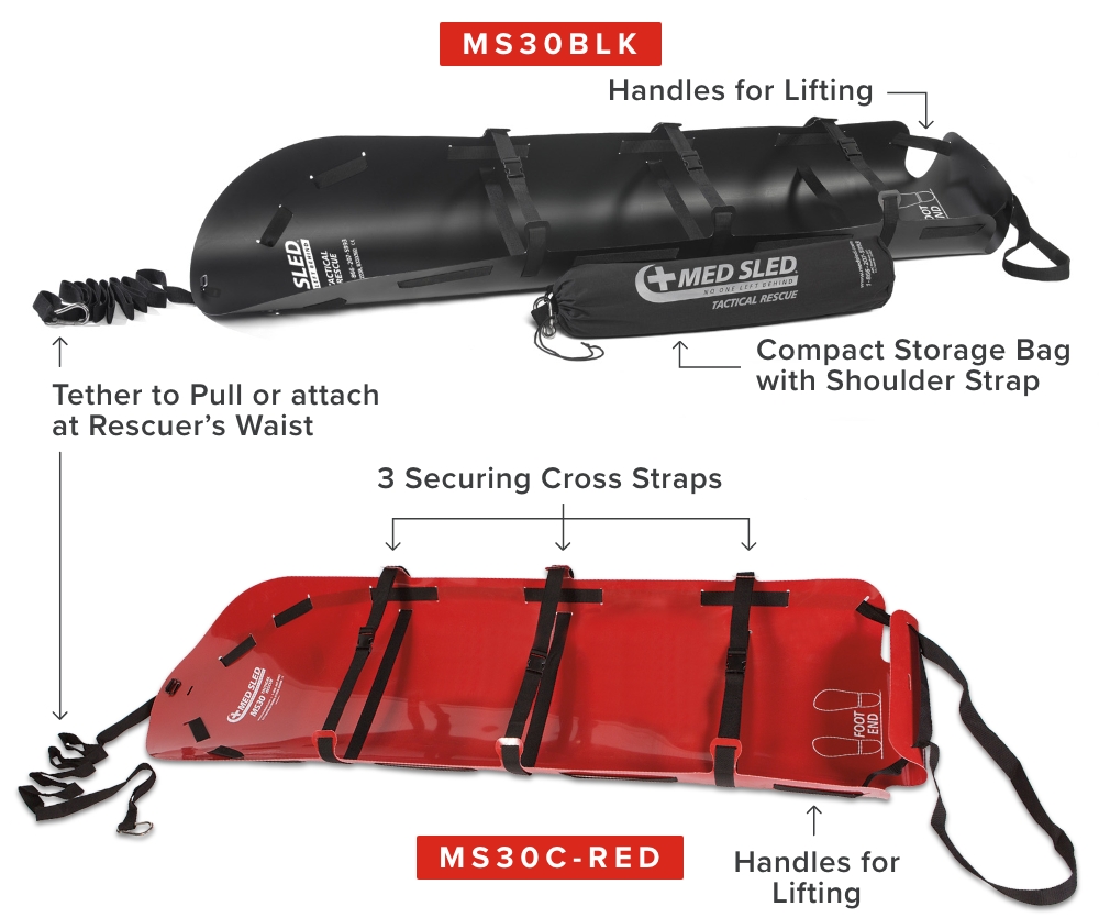 Red and black evacuation sleds used for rapid rescue and extraction.