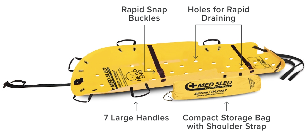 Yellow evacuation sled with black straps and capability for decontamination. 