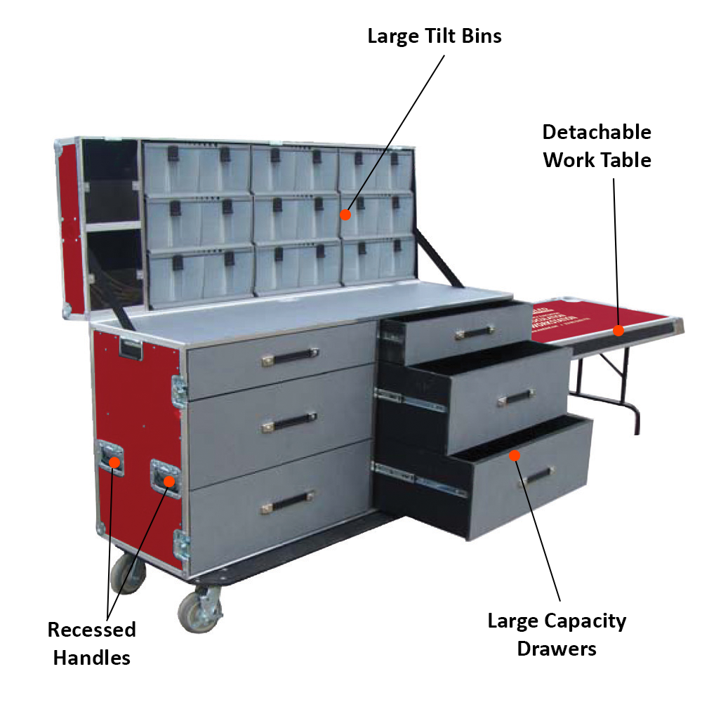 Medical workstation on wheels with sliding drawers and tilting bins 