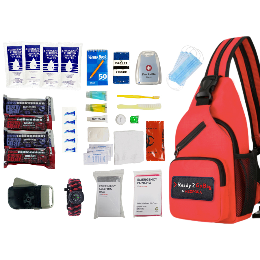 Red backpack filled with emergency supplies