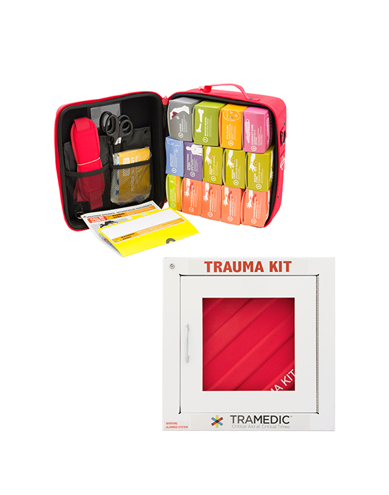 Wall mounted emergency trauma kit with alarm system