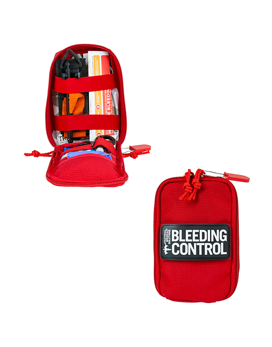 Red bag with zippers with logo stating bleeding control on front 