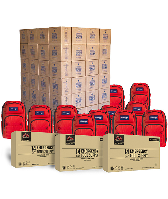Red backpack filled with emergency supplies
